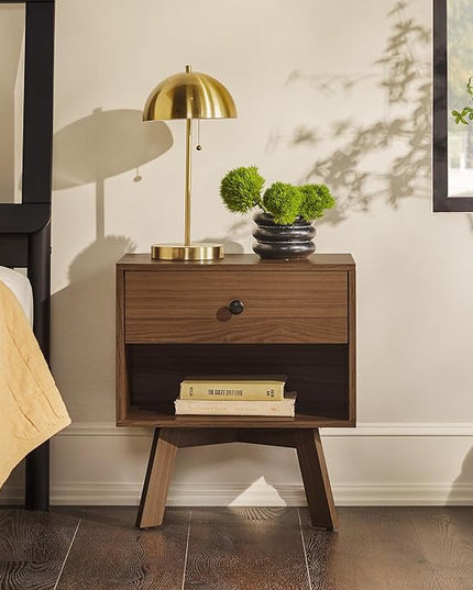 Walker Edison Mid-Century Modern 1 Nightstand Bedroom Storage Drawer and Shelf Bedside End Table, 21 Inch, Mocha - LeafyLoom