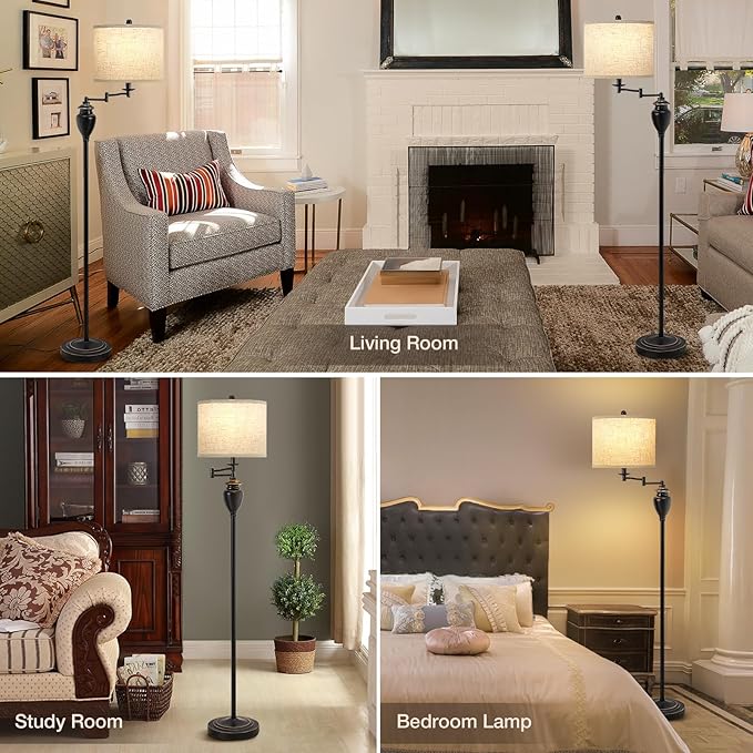 Floor Lamp for Living Room Bedroom, 3 Color Temperature 350° Adjustable Swing Arm Floor Lamp Vintage Standing Lamp Traditional Farmhouse Floor Lamp Tall Lamp for Office Home Nursery Study Room Hotel - LeafyLoom