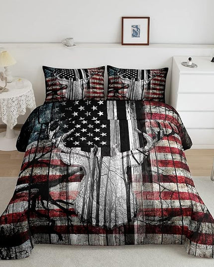 Feelyou American Flag Deer Antlers Bedding Set Hunting Camping Comforter Set for Kids Boys Girls USA Flag Comforter Tree Branch Inner Fill Duvet Set 1 Comforter Set with 2 Pillowcases King Size - LeafyLoom