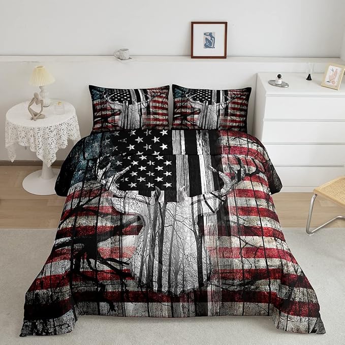 Feelyou American Flag Deer Antlers Bedding Set Hunting Camping Comforter Set for Kids Boys Girls USA Flag Comforter Tree Branch Inner Fill Duvet Set 1 Comforter Set with 2 Pillowcases King Size - LeafyLoom