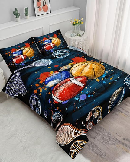 Axolotl Ball Game Bedding Set Queen,Basketball Comforter Set Sports Bedding,Volleyball Comforter Set Soccer Bedding,Football Comforter Colorful Grunge Style for Kids Boys Teens,1 Quilt 2 Pillowcases - LeafyLoom