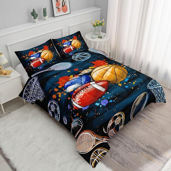 Axolotl Ball Game Bedding Set Full,Basketball Comforter Set Sports Bedding,Volleyball Comforter Set Soccer Bedding,Football Comforter Colorful Grunge Style for Kids Boys Teens,1 Quilt 2 Pillowcases - LeafyLoom