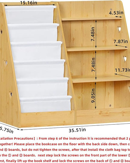 Lerliuo 4 Tier Kids Bookshelf and Storage Organizer, Five Layer Sling Children Bookcase, Baby Toddler Wooden Book Shelf, Display Cabinet for Playroom, Bedroom, Classroom, Nursery, School (Natural) - LeafyLoom