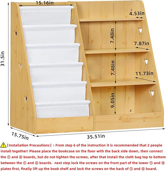 Lerliuo 4 Tier Kids Bookshelf and Storage Organizer, Five Layer Sling Children Bookcase, Baby Toddler Wooden Book Shelf, Display Cabinet for Playroom, Bedroom, Classroom, Nursery, School (Natural) - LeafyLoom