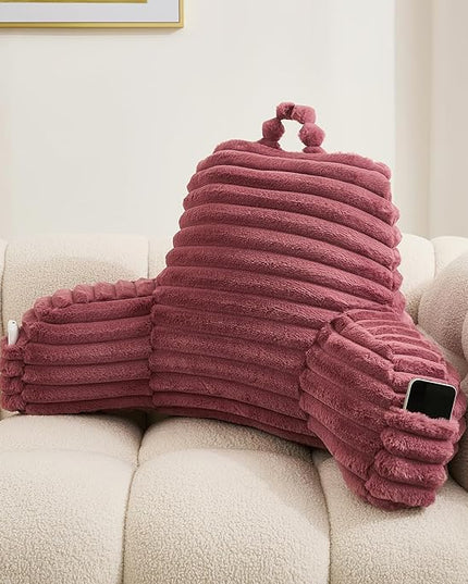 WERDIM Reading Pillow for Sitting in Bed, Faux Fur Back Pillow for Bed Rest, Bed Chair Pillow with Arms and Pockets(Standard, Dusty Rose) - LeafyLoom