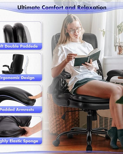 COLAMY Home Office Chair 275LBS Executive Leather OfficeChair with Padded Flip-up Arms, Adjustable Height and Tilt Lock, Tufted Black - LeafyLoom