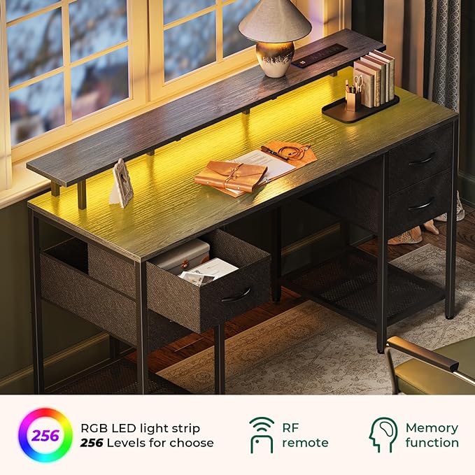 55 inch Computer Desk with 4 Drawers, Gaming Desk with LED Lights & Power Outlets, Home Office Desk with Large Storage Space for Bedroom, Work from Home, Gray - LeafyLoom