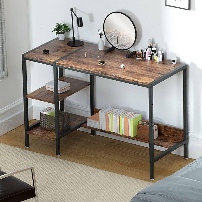 Gaming/Computer Desk - 47” Home Office Small Desk with Monitor Stand, Rustic Writing Desk for 2 Monitors, Adjustable Storage Space, Modern Design Corner Table. - LeafyLoom