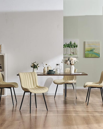 YOUNUOKE Beige Dining Chairs Set of 2 Upholstered Mid Century Kitchen Chairs Armless Faux Leather Modern Side Chair with Padded Backs Metal Legs for Living Room Bedrooms - LeafyLoom
