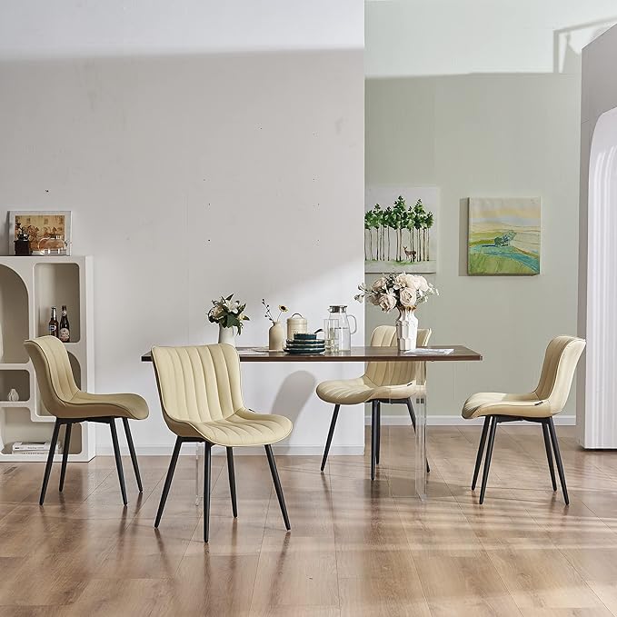 YOUNUOKE Beige Dining Chairs Set of 2 Upholstered Mid Century Kitchen Chairs Armless Faux Leather Modern Side Chair with Padded Backs Metal Legs for Living Room Bedrooms - LeafyLoom