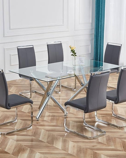 Dining Chairs Set, Kitchen Modern Metal Chairs with Faux Leather Padded Seat High Back and Sturdy Chrome Legs, Chairs for Dining Room (Grey, Set of 4) - LeafyLoom