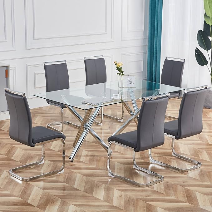Dining Chairs Set, Kitchen Modern Metal Chairs with Faux Leather Padded Seat High Back and Sturdy Chrome Legs, Chairs for Dining Room (Grey, Set of 4) - LeafyLoom