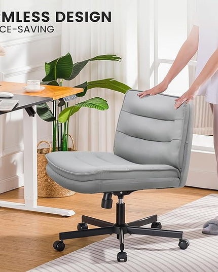 COMHOMA Criss Cross Chair with Wheels, Armless Wide Cross Legged Office Chair Mid Back, Modern Home Office Desk Chair Swivel Adjustable Vanity Computer Chair, Gray - LeafyLoom