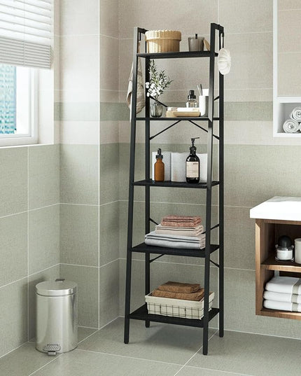 Ladder Shelf, Bookshelf Bookcase, Freestanding Corner Storage Shelve with 2 Hooks for Home Office, Living Room, Kitchen, Bedroom, Industrial, 5-Tier Black BC19204B - LeafyLoom