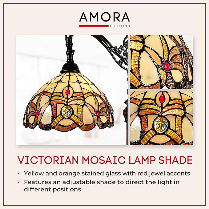 Amora Tiffany Style Floor Lamp Arched 62" Tall Stained Glass Tan Yellow Brown Antique Vintage Light Decor Bedroom Living Room Reading Gift AM272FL11B Lighting - LeafyLoom
