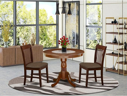 East West Furniture ANNO3-MAH-C 3 Piece Kitchen Set Contains a Round Table with Pedestal and 2 Linen Fabric Dining Room Chairs, 36x36 Inch - LeafyLoom