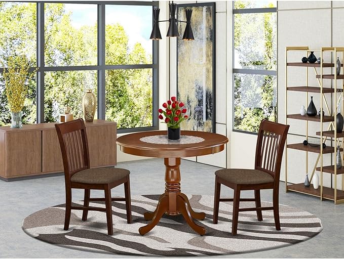 East West Furniture ANNO3-MAH-C 3 Piece Kitchen Set Contains a Round Table with Pedestal and 2 Linen Fabric Dining Room Chairs, 36x36 Inch - LeafyLoom