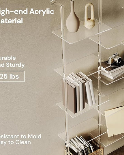 Acrylic Bookshelf, Wall Mounted, 5-Tier Clear Ladder Bookshelf with 14 Open Shelves, Multipurpose Bookcase for Living Room, Bathroom, Office, Modern, 9.5" D x 43.5" W x 72.8" H - LeafyLoom