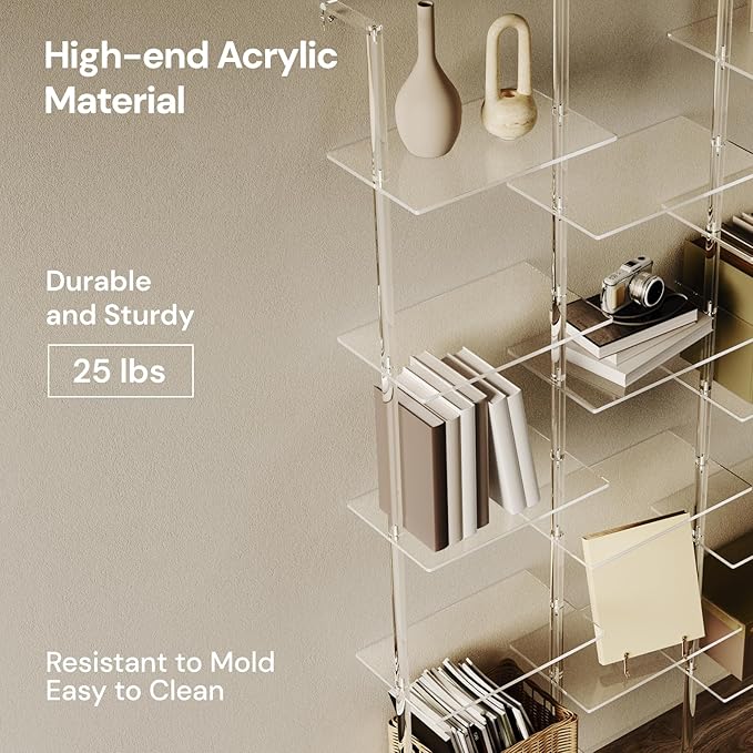 Acrylic Bookshelf, Wall Mounted, 5-Tier Clear Ladder Bookshelf with 14 Open Shelves, Multipurpose Bookcase for Living Room, Bathroom, Office, Modern, 9.5" D x 43.5" W x 72.8" H - LeafyLoom