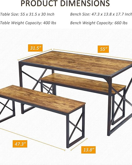 VECELO 55" Kitchen Table Set for 4-6, Wood Dining Room Dinette 2 Benches with Metal Frame for Breakfast Nook and Small Space, Brown - LeafyLoom