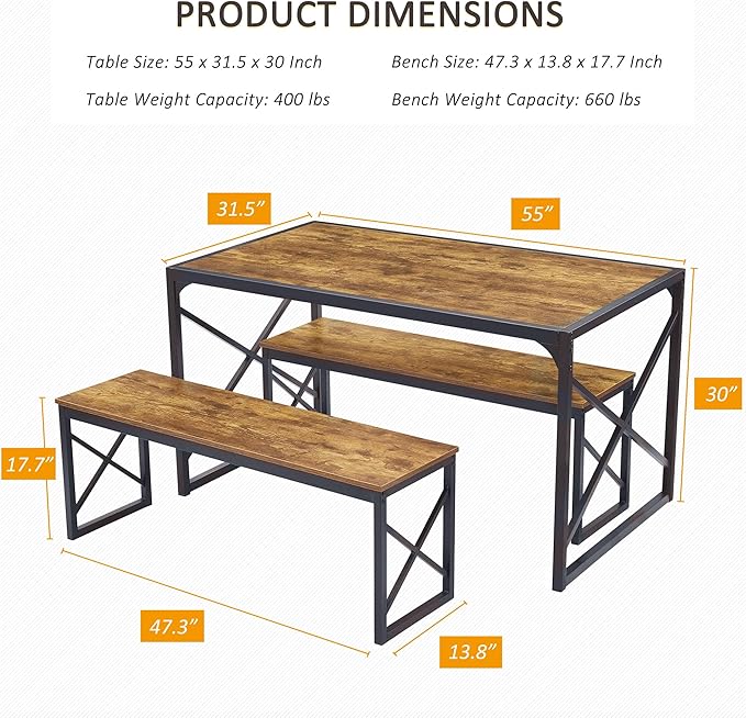 VECELO 55" Kitchen Table Set for 4-6, Wood Dining Room Dinette 2 Benches with Metal Frame for Breakfast Nook and Small Space, Brown - LeafyLoom