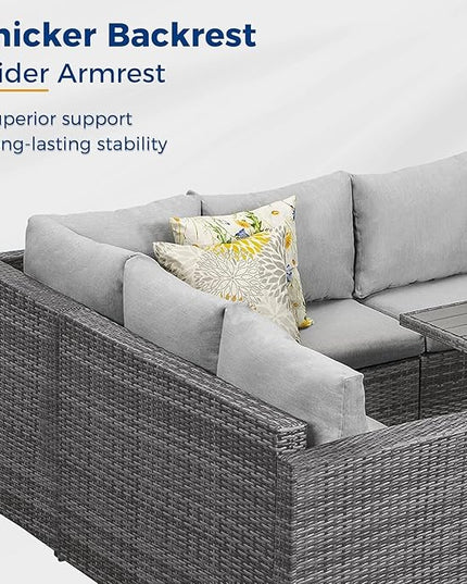 7 Piece Wicker Rattan Outdoor Dining Set with Dining Table and Ottomans, Patio Table and Chairs Set - LeafyLoom