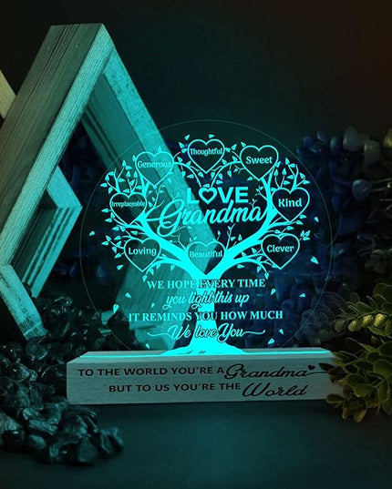 Grandma Gifts from Grandchildren, Grandma Acrylic Night Light Gift from Grandkids Grandson Granddaughter on Birthday Mothers Day Thanksgiving Christmas Bedroom Table Décor, 3D Illusion Lamp - LeafyLoom