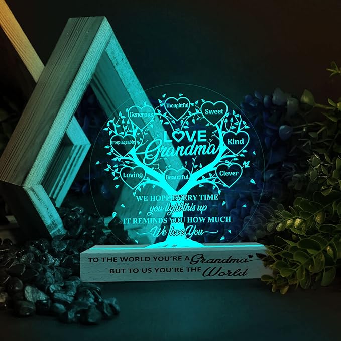 Grandma Gifts from Grandchildren, Grandma Acrylic Night Light Gift from Grandkids Grandson Granddaughter on Birthday Mothers Day Thanksgiving Christmas Bedroom Table Décor, 3D Illusion Lamp - LeafyLoom