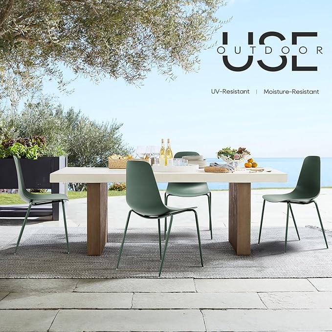 COLAMY Stackable Dining Chairs Set of 4, Indoor Outdoor Dining Room Side Chairs with Metal Legs, Modern Plastic Patio Chairs for Home/Kitchen/Office/Resturant/Bistro/Cafe, Green - LeafyLoom