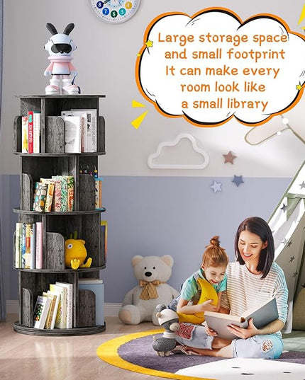 Rotating Bookshelf, Wood Corner Bookshelf, 360 Display Spinning Bookcase Storage Rack, 4 Tier Floor Standing Revolving Bookcase Narrow Book Shelf Organizer for Small Space, Bedroom, Grey Oak - LeafyLoom