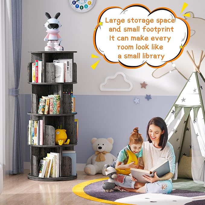 Rotating Bookshelf, Wood Corner Bookshelf, 360 Display Spinning Bookcase Storage Rack, 4 Tier Floor Standing Revolving Bookcase Narrow Book Shelf Organizer for Small Space, Bedroom, Grey Oak - LeafyLoom