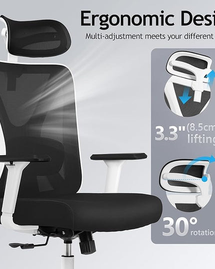 KERDOM Ergonomic Office Chair Desk Chair Comfortable Mesh Gaming Computer Swivel Rolling Chair, High Back Office Chair with Wheels, Headrest, 3D Armrest and Lumbar Support Home Office Desk Chair White - LeafyLoom