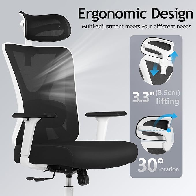 KERDOM Ergonomic Office Chair Desk Chair Comfortable Mesh Gaming Computer Swivel Rolling Chair, High Back Office Chair with Wheels, Headrest, 3D Armrest and Lumbar Support Home Office Desk Chair White - LeafyLoom