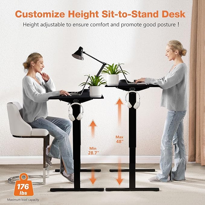 Sweetcrispy Electric Adjustable Height Standing Desk - 55 x 24 inch Sit to Stand Up Desk with Splice Board, Rising Home Office Computer Table with 2 Hook and Wire Hole for Work - LeafyLoom