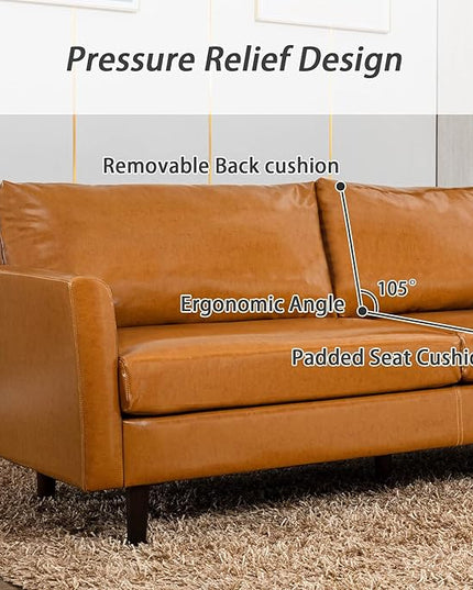 Dreamsir 80'' Faux Leather Sofa Couch, Mid-Century Modern Sofa with Solid Wooden Frame & Padded Cushions, 3-Seater Couch for Living Room, Apartment, Lounge Room (Camel) - LeafyLoom