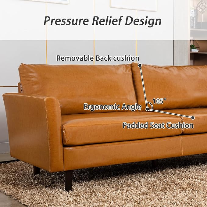 Dreamsir 80'' Faux Leather Sofa Couch, Mid-Century Modern Sofa with Solid Wooden Frame & Padded Cushions, 3-Seater Couch for Living Room, Apartment, Lounge Room (Camel) - LeafyLoom