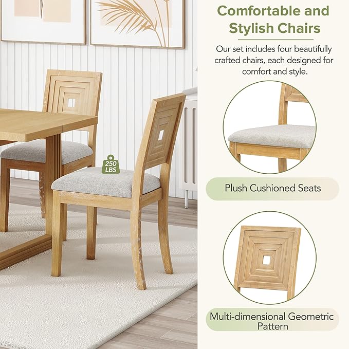 6-Piece Farmhouse Wood Extendable Dining Table Set with 18" Butterfly Leaf, 4 Upholstered Chairs and Versatile Long Bench, for Kitchen Room Furniture, Natural, 60"-78" L x 36" W x 30" H - LeafyLoom