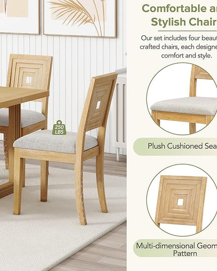 6-Piece Dining Set, Wood Extendable 78inch Kitchen Table with 18" Butterfly Leaf, 4 Upholstered Chairs & Long Bench, Natural, 60"-78" L x 36" W x 30" H - LeafyLoom