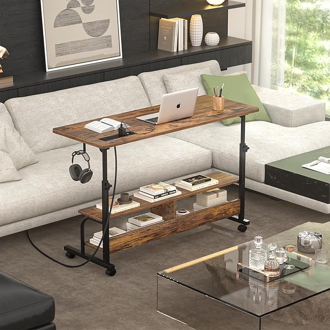 Height Adjustable Standing Desk with Power Outlets, 47" Manual Stand Up Desk with Storage Shelves Small Mobile Rolling Computer Desk Portable Laptop Table with Wheels for Home Office, Rustic - LeafyLoom