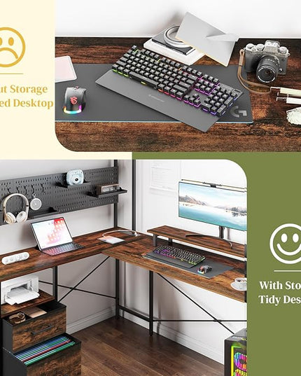Yoobure L Shaped Desk with Pegboard, Reversible Gaming Desk with LED Lights & Power Outlets, Computer Desk with Drawers & Storage Shelves, Office Desk with Monitor Stand Corner Desk Home Office Desks - LeafyLoom