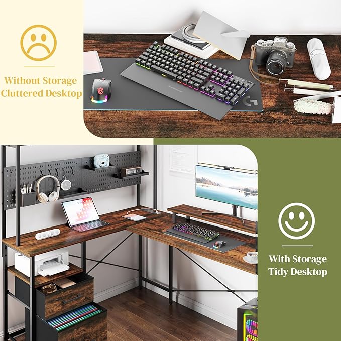 Yoobure L Shaped Desk with Pegboard, Reversible Gaming Desk with LED Lights & Power Outlets, Computer Desk with Drawers & Storage Shelves, Office Desk with Monitor Stand Corner Desk Home Office Desks - LeafyLoom