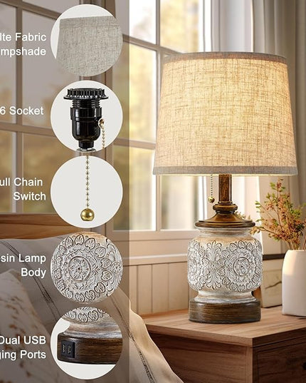 19.5" Farmhouse Bedside Table Lamps Set of 2 Rustic Lamps for Nightstand Bedroom with USB Ports Vintage Traditional White Carved Floral Night Light Lamps for Living Room End Tables Decor - LeafyLoom