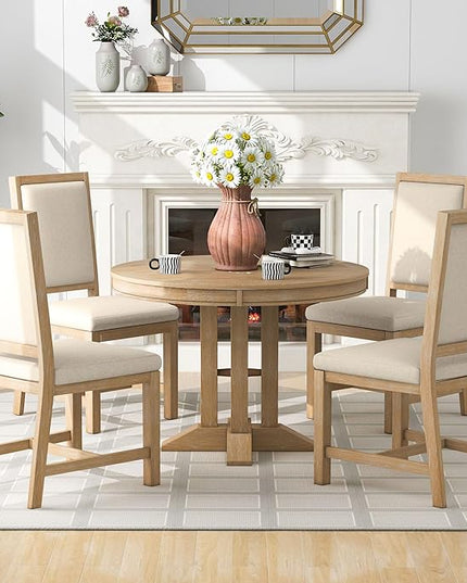 Farmhouse Style Extendable Round 4 Upholstered Chairs, Solid Retro, Easy Assembly, Room, Kitchen, 5 Piece Dining Table Set, Natural Wood Wash 10 - LeafyLoom