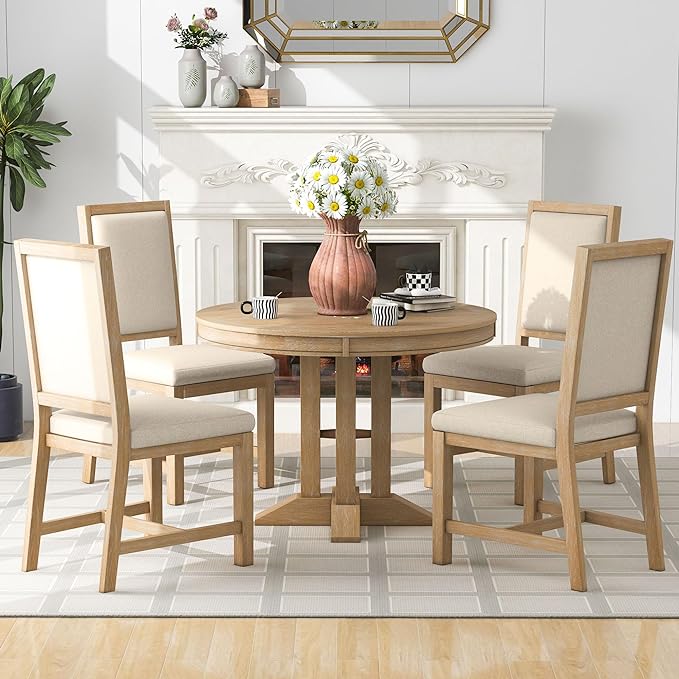 Farmhouse Style Extendable Round 4 Upholstered Chairs, Solid Retro, Easy Assembly, Room, Kitchen, 5 Piece Dining Table Set, Natural Wood Wash 10 - LeafyLoom