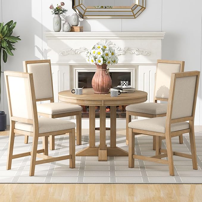 5-Piece Farmhouse Extendable Dining Round Wooden Tabletop with 4 Upholstered Chairs, Table Set for 4, Ideal for Kitchen, Living Room, Natural Wood Wash, 1 - LeafyLoom