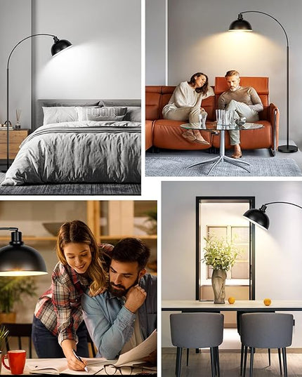 Arc Floor Lamps for Living Room, Modern Tall Standing Lamp Remote Control,Stepless Dimmable Black Floor Lamp with Hanging Dome Shade, Over Couch Arched Reading Lamp for Bedroom, Office (Bulb Included) - LeafyLoom
