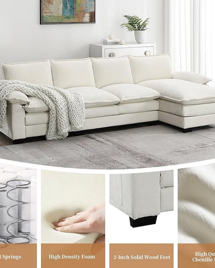 118" Sectional Sofa, L-Shaped Couch Set with Double Cushions and Chaise Lounge, 5-seat Upholstered Indoor Furniture for Living Room, Apartment, Office, 118inch, White - LeafyLoom