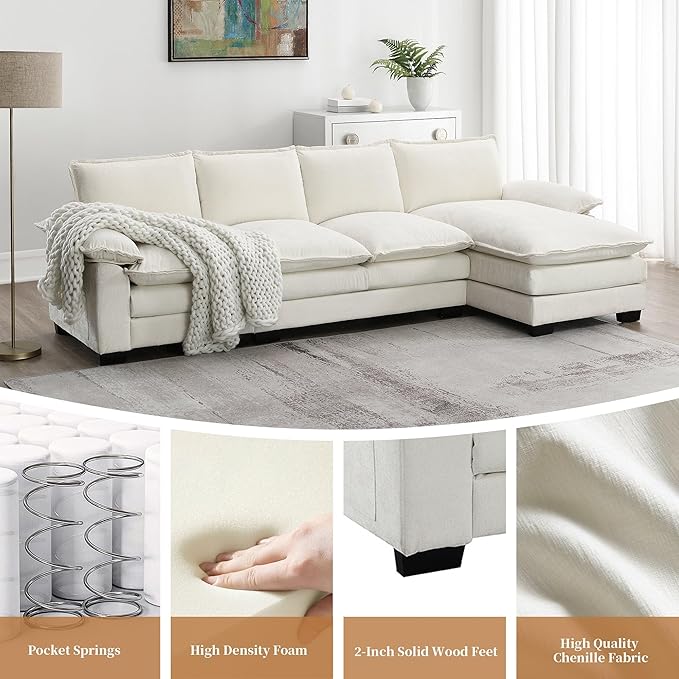 118" Sectional Sofa, L-Shaped Couch Set with Double Cushions and Chaise Lounge, 5-seat Upholstered Indoor Furniture for Living Room, Apartment, Office, 118inch, White - LeafyLoom
