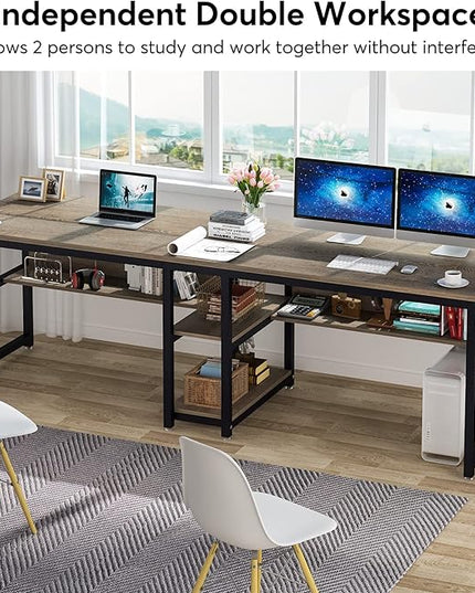 Tribesigns Two Person Desk with Bookshelf, 78.7 Computer Office Double Desk for Two Person, Rustic Writing Desk Workstation with Shelf for Home Office (Grey) - LeafyLoom