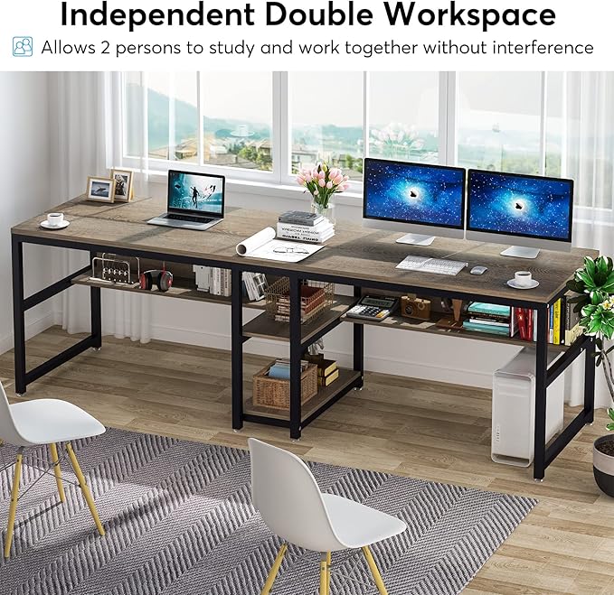 Tribesigns Two Person Desk with Bookshelf, 78.7 Computer Office Double Desk for Two Person, Rustic Writing Desk Workstation with Shelf for Home Office (Grey) - LeafyLoom